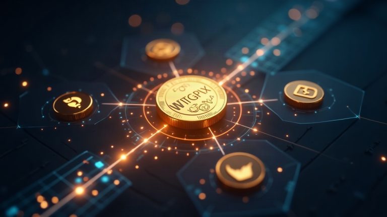 WTGXX token linked by a glowing blockchain bridge to WisdomTree and MoonPay icons, signaling US access to treasury funds.