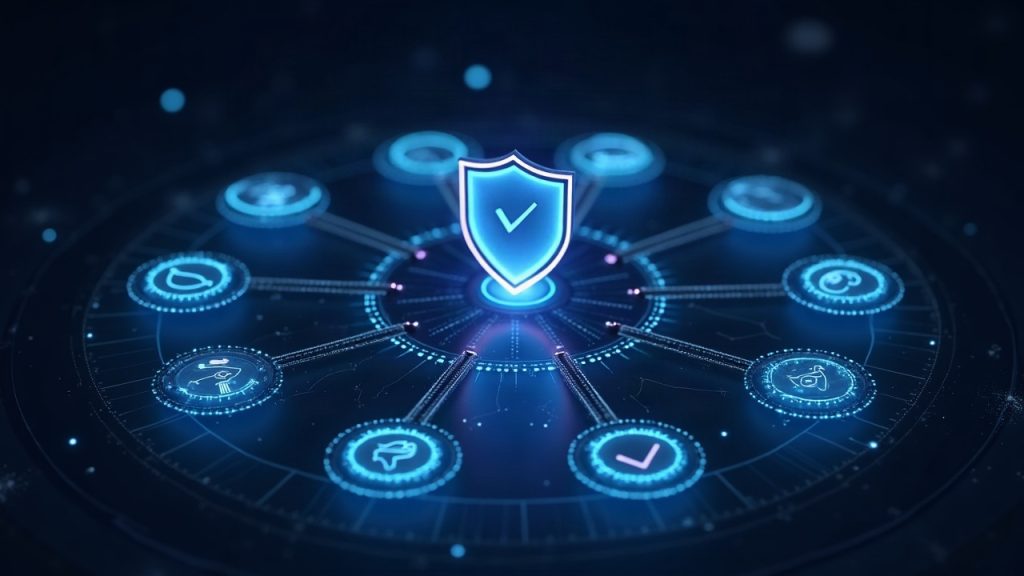 Photorealistic XRPL node surrounded by eight glowing transaction icons, a shield badge with a check, and a countdown.
