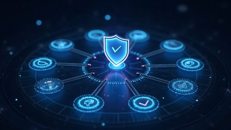 Photorealistic XRPL node surrounded by eight glowing transaction icons, a shield badge with a check, and a countdown.