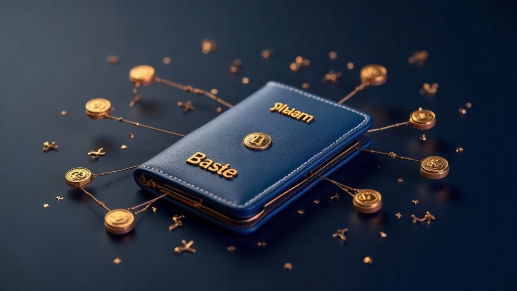Photorealistic wallet with cross-chain lines from Solana to Base and BNB Chain, memecoin icons, and a $4M label.