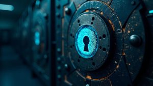 Photorealistic crypto news header: breached DeFi Safe module, glitching code, and a cracked shield over a vault.