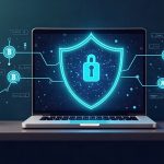 Wallet app on a laptop encrypts a transaction payload before submission, with data shielded to Aptos nodes.