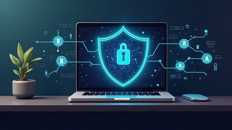 Wallet app on a laptop encrypts a transaction payload before submission, with data shielded to Aptos nodes.