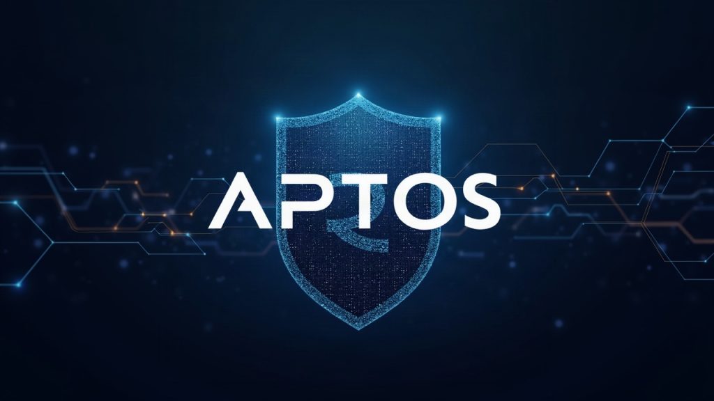 Aptos logo with a shield over a blockchain; encrypted transactions fade before finalization, illustrating reduced MEV risk.