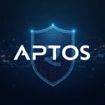 Aptos logo with a shield over a blockchain; encrypted transactions fade before finalization, illustrating reduced MEV risk.