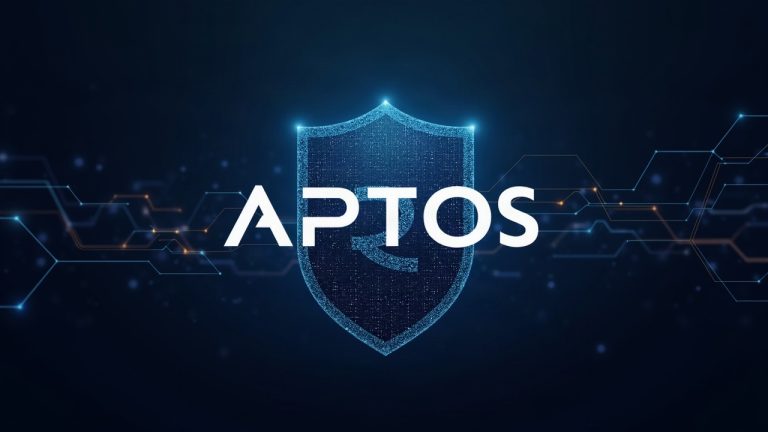 Aptos logo with a shield over a blockchain; encrypted transactions fade before finalization, illustrating reduced MEV risk.