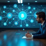 Boardroom scene with a suited executive examining a holographic blockchain network, signaling institutional adoption.