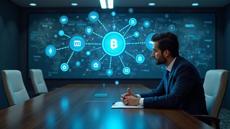Boardroom scene with a suited executive examining a holographic blockchain network, signaling institutional adoption.