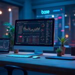 Photorealistic header of a futuristic Base trading desk with glowing tokenized stock tickers, Aerodrome surge, and Coinbase logos.