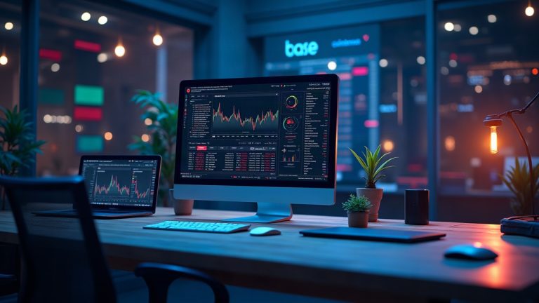 Photorealistic header of a futuristic Base trading desk with glowing tokenized stock tickers, Aerodrome surge, and Coinbase logos.