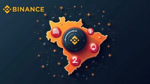 Binance-style vault over Brazil silhouette with red stop signs on services and fading token icons, signaling delisting and regulatory changes.