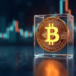 Photorealistic Bitcoin symbol in a glass display with a downturn chart in the background, newsroom style.