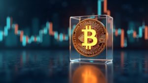 Photorealistic Bitcoin symbol in a glass display with a downturn chart in the background, newsroom style.