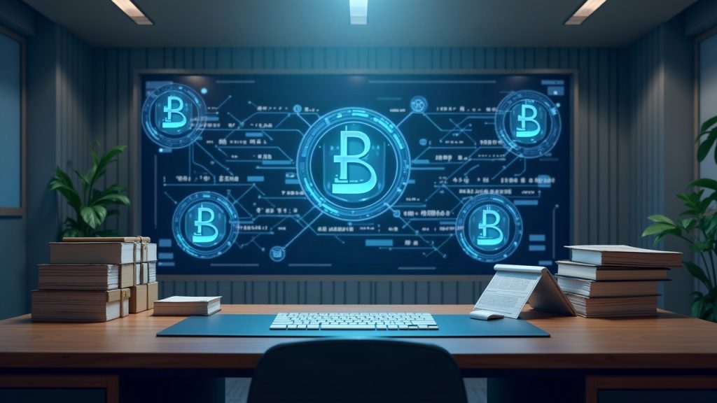 Photorealistic newsroom: treasury desk with a digital vault UI and tokenized fund icons for BitGo Mint integration.
