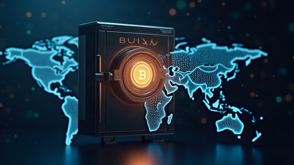 Photorealistic digital vault with a glowing BUIDL token at center, linked to a global network