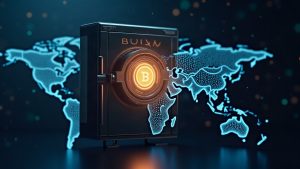Photorealistic digital vault with a glowing BUIDL token at center, linked to a global network
