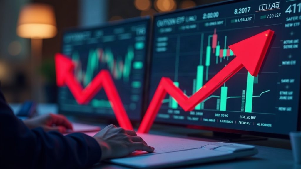 Photorealistic trading desk with BTC and ETH ETF outflow arrows, Oct 22, and fund-flow dashboard