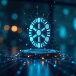 Photorealistic Cardano mainnet with programmable token icons, on-chain compliance rules, and a newsroom backdrop.