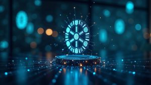 Photorealistic Cardano mainnet with programmable token icons, on-chain compliance rules, and a newsroom backdrop.