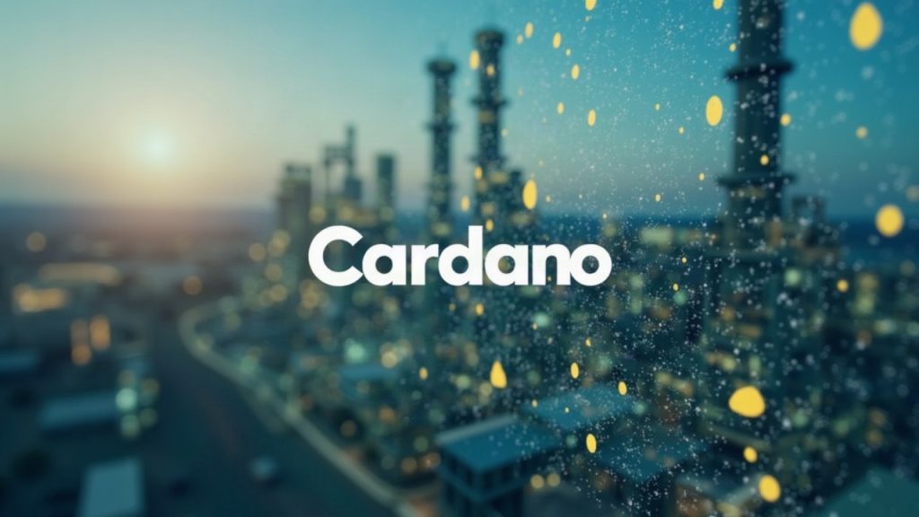 Photorealistic Cardano logo centered over a Petrobras facility, illustrating on-chain fuel traceability.