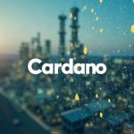 Photorealistic Cardano logo centered over a Petrobras facility, illustrating on-chain fuel traceability.