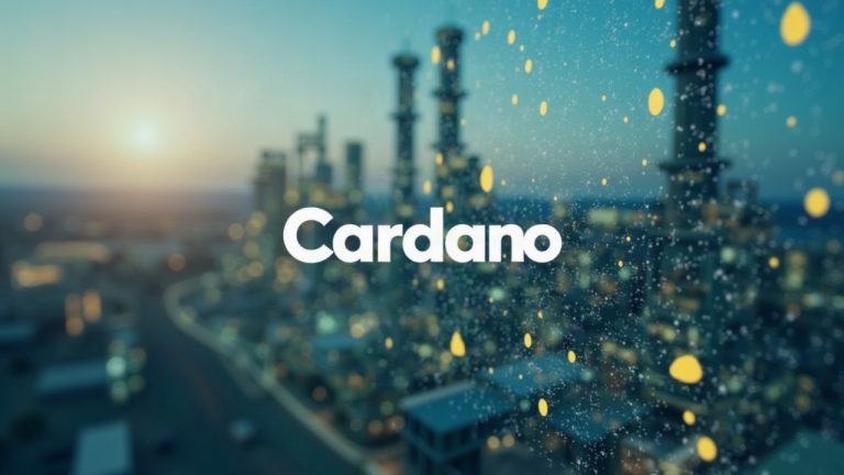 Photorealistic Cardano logo centered over a Petrobras facility, illustrating on-chain fuel traceability.
