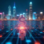 Center-stage view of a tokenized fund transfer on a glowing blockchain, with the Hong Kong skyline in the background.