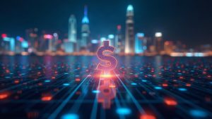 Center-stage view of a tokenized fund transfer on a glowing blockchain, with the Hong Kong skyline in the background.