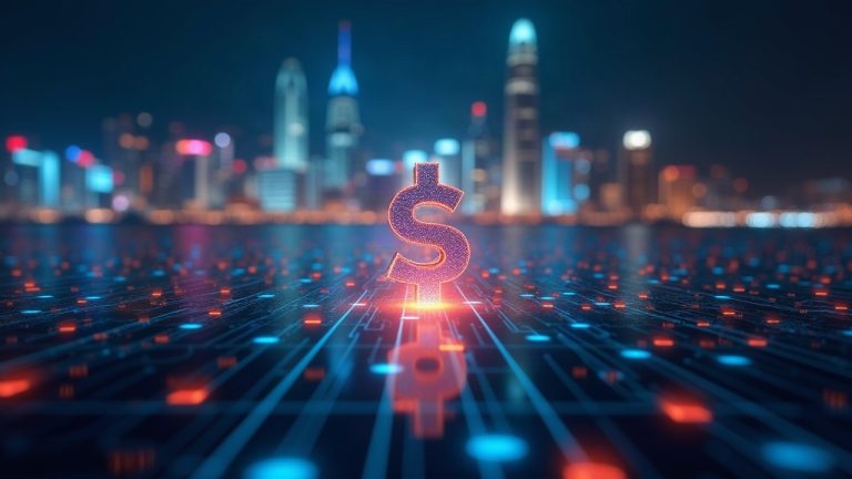 Center-stage view of a tokenized fund transfer on a glowing blockchain, with the Hong Kong skyline in the background.