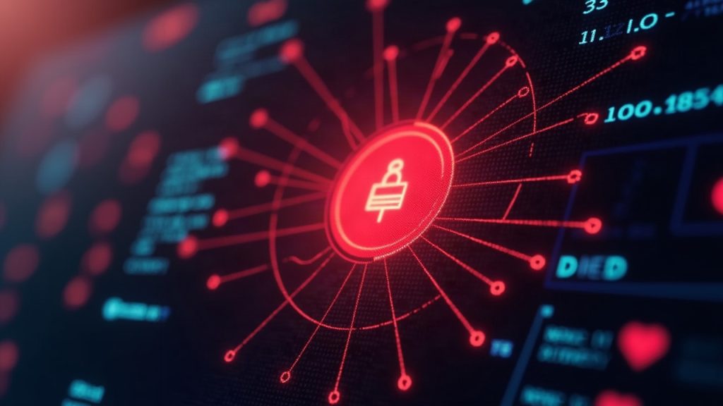 Photorealistic data console with a red breach glow signaling third-party vendor data exposure in crypto