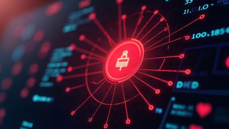 Photorealistic data console with a red breach glow signaling third-party vendor data exposure in crypto