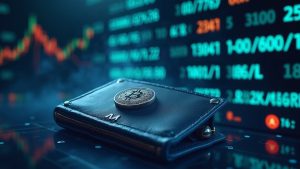 Photorealistic crypto exchange hub with a secure hardware wallet in focus and faded legacy addresses in the background.