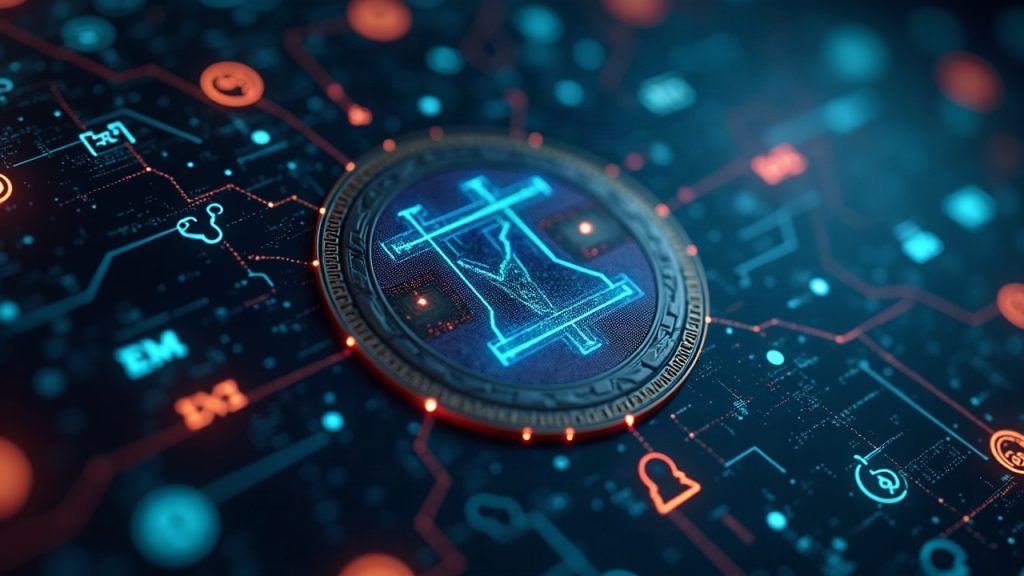 Photorealistic cross-chain crypto heist: EVM and Solana logos with glowing transfers to a shadowy wallet amid privacy-icons.