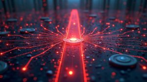 Photorealistic split blockchain bridge with red alert overlay, CYS mint on BNB chain, crypto news vibe.