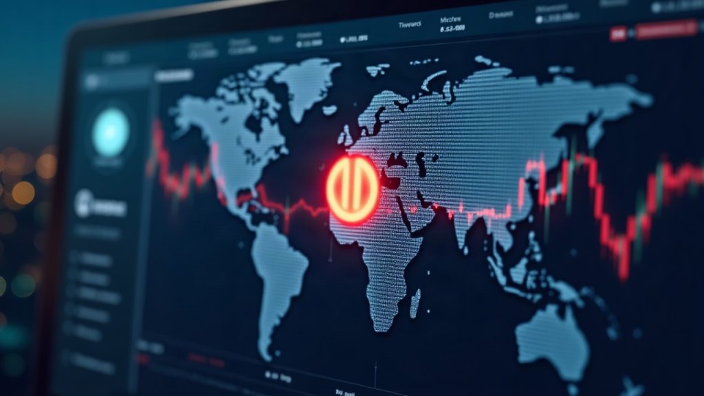 Photorealistic trading dashboard with a bold pause icon over a digital blockchain map, hinting at DeepBook and Sui.