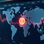 Photorealistic trading dashboard with a bold pause icon over a digital blockchain map, hinting at DeepBook and Sui.