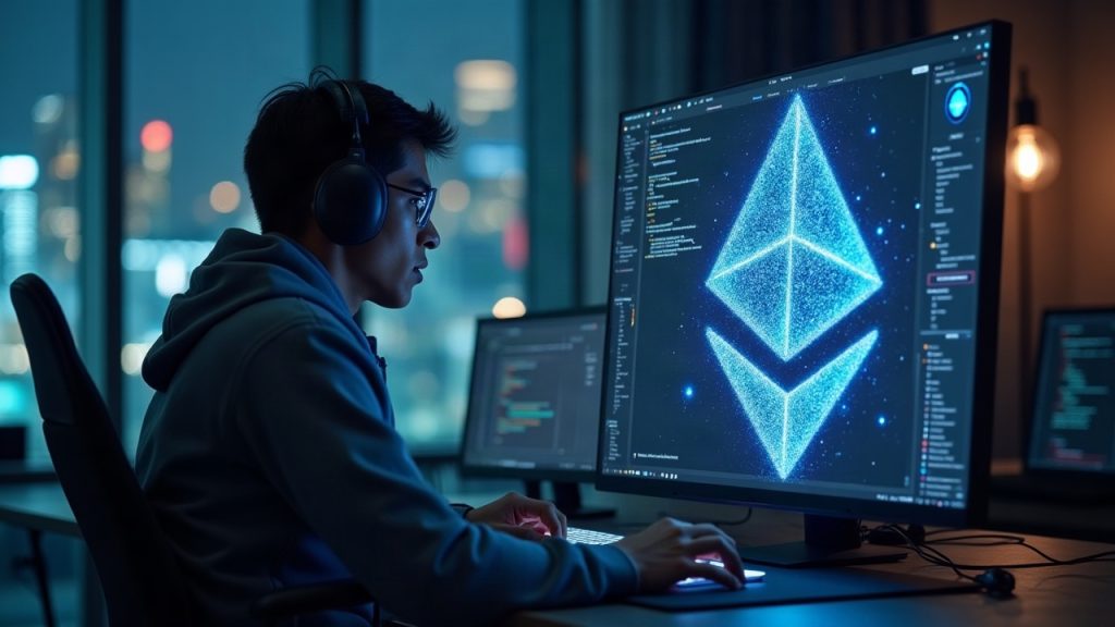 Coder at a desk, STARK proofs form an Ethereum logo, illustrating off-chain computation powering on-chain verification.
