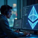 Coder at a desk, STARK proofs form an Ethereum logo, illustrating off-chain computation powering on-chain verification.
