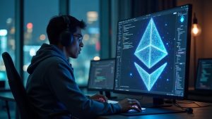 Coder at a desk, STARK proofs form an Ethereum logo, illustrating off-chain computation powering on-chain verification.