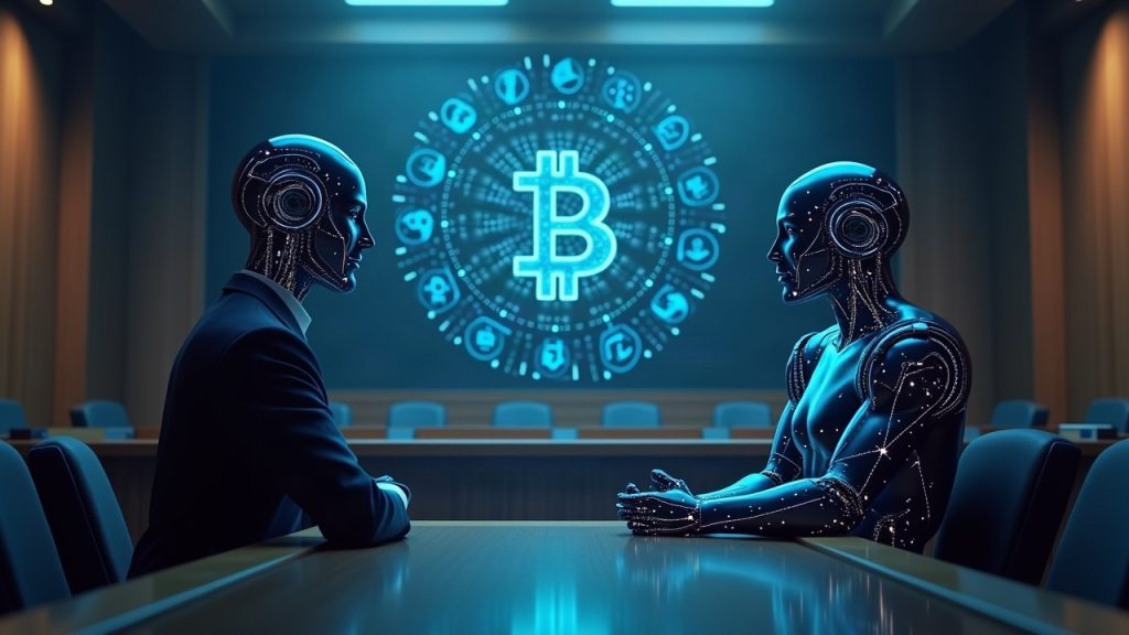 Photorealistic courtroom with two glowing AI agents facing a transparent, open blockchain-inspired adjudication panel.