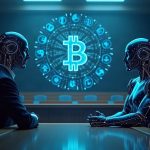 Photorealistic courtroom with two glowing AI agents facing a transparent, open blockchain-inspired adjudication panel.