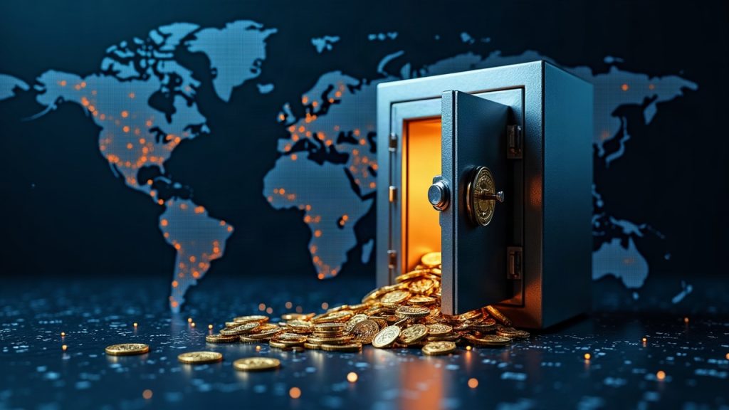 Photorealistic shot of a crypto exchange vault door opening with glowing digital keys and code streams across a world map
