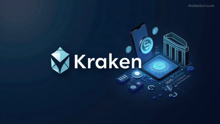 Photorealistic header of Kraken parent logo merging with EU bank emblem, crypto tokens, and a sleek banking app.