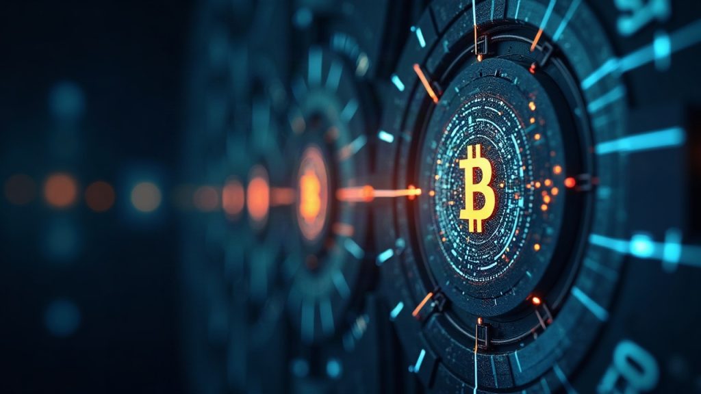 Realistic scene of Liquid Network peg restoration, featuring a secure vault with BTC symbols and a central network emblem radiating trust