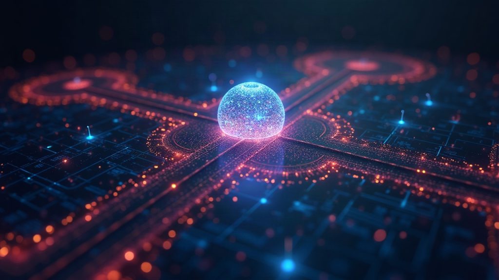 Photorealistic decentralized hub with glowing nodes and data streams signaling Monad testnet momentum and 1B transactions.