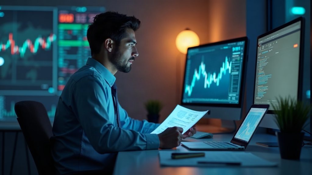 Photorealistic header showing a professional investor at a sleek desk with Nasdaq-100 glow and Stellar network nodes