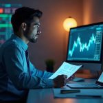 Photorealistic header showing a professional investor at a sleek desk with Nasdaq-100 glow and Stellar network nodes