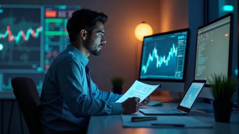 Photorealistic header showing a professional investor at a sleek desk with Nasdaq-100 glow and Stellar network nodes