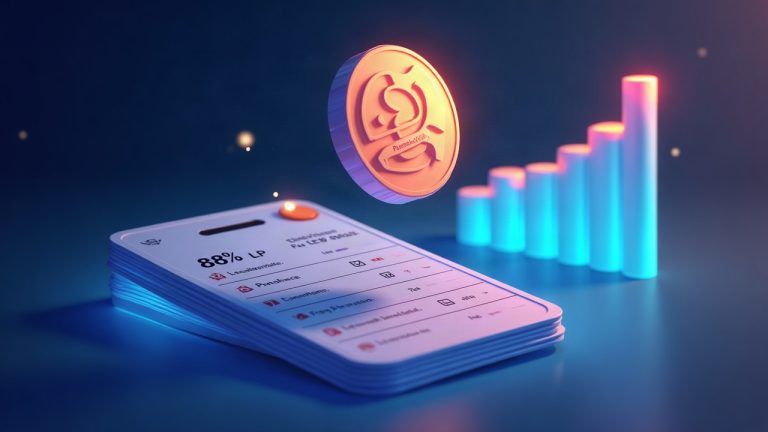 Photorealistic PancakeSwap CAKE token with 88% LP fee ballot and rising liquidity graph in a futuristic DeFi newsroom.