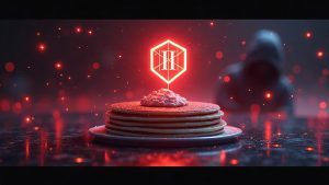 Photorealistic header of USDT/NEM pool on PancakeSwap with red warning glow, shadowy hacker, and defender shield.